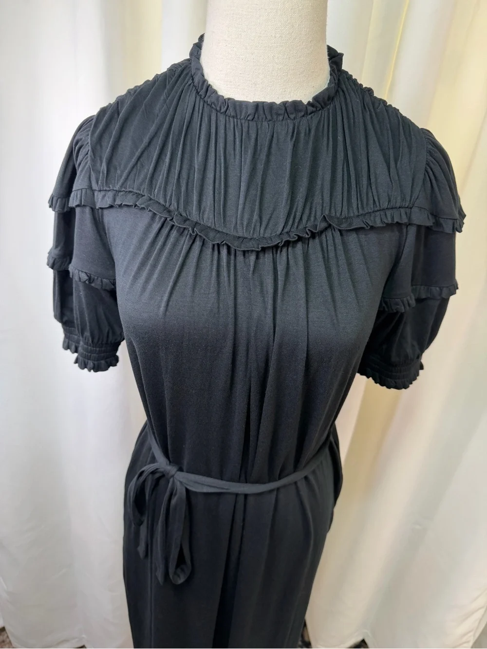 NWT Boden Black Ruffled Neck Puff Sleeve Jersey Midi Dress w/ Tie Waist Size 4P